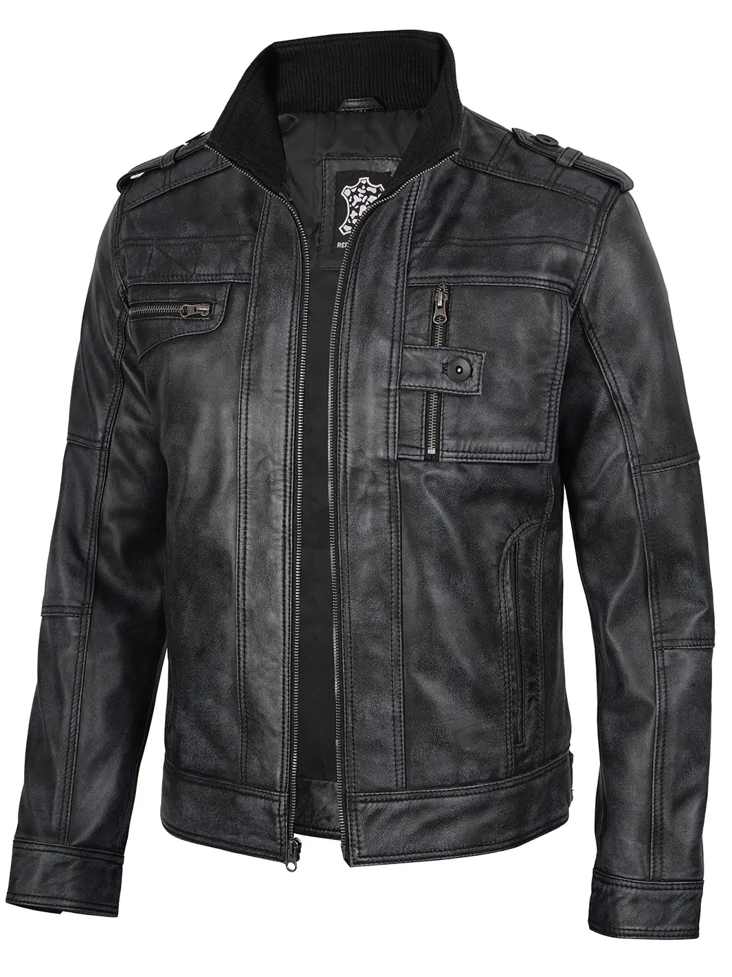 Tavares Mens Distressed Black Leather Biker Style Jacket