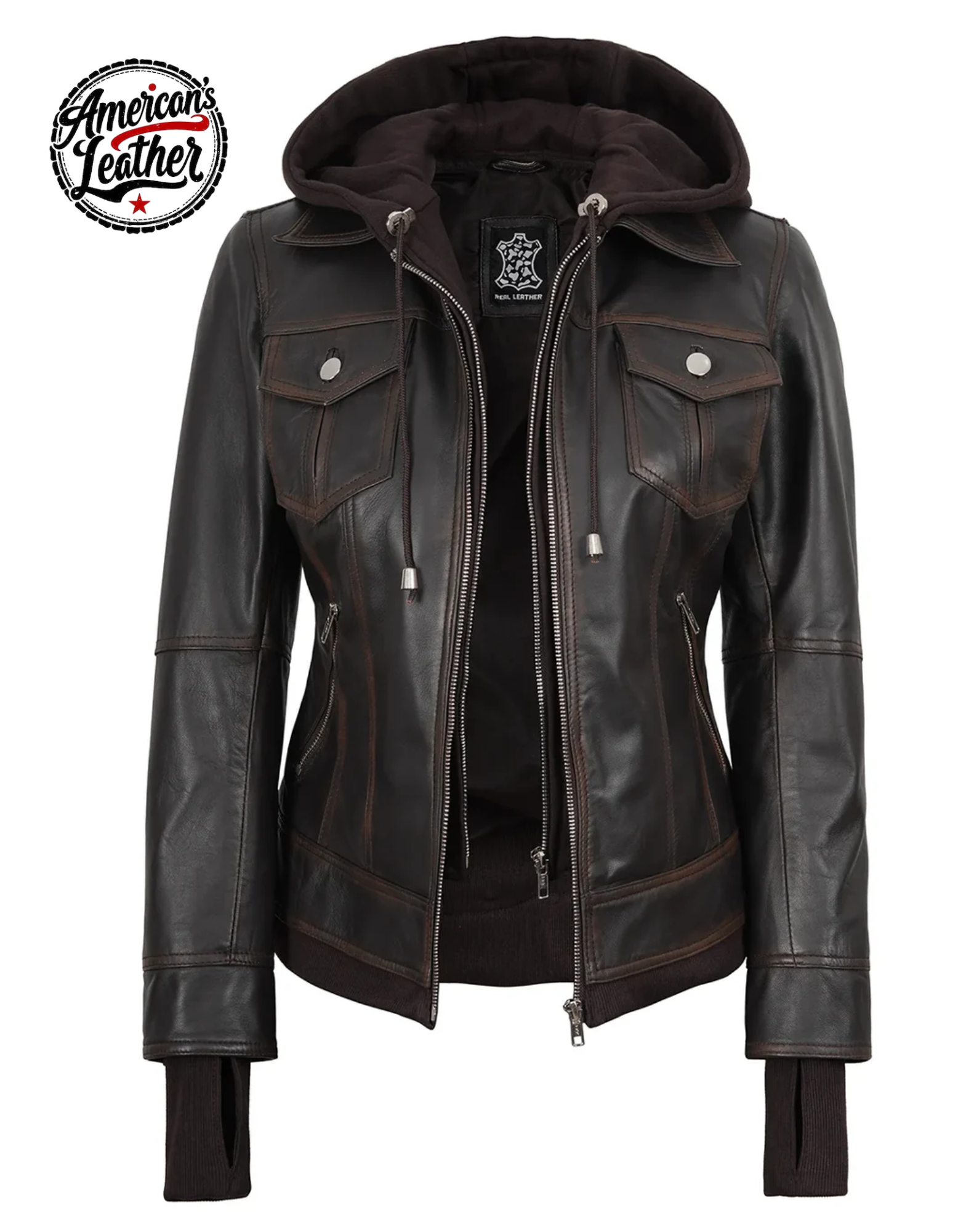 Tralee Women Dark Brown Bomber Leather Jacket With Removable Hood