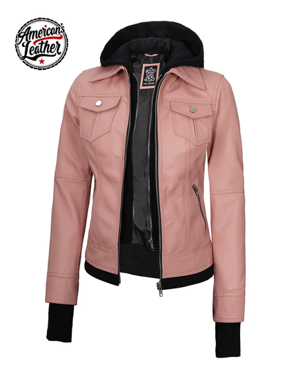 Tralee Women's Pink Leather Biker Style Jacket with Hood