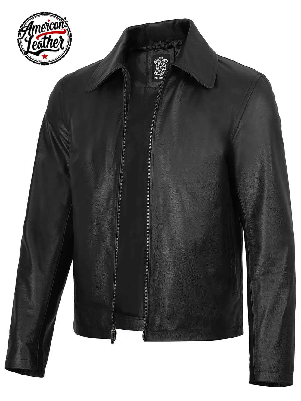 Men's Black Shirt Collar Cowhide Leather Jacket