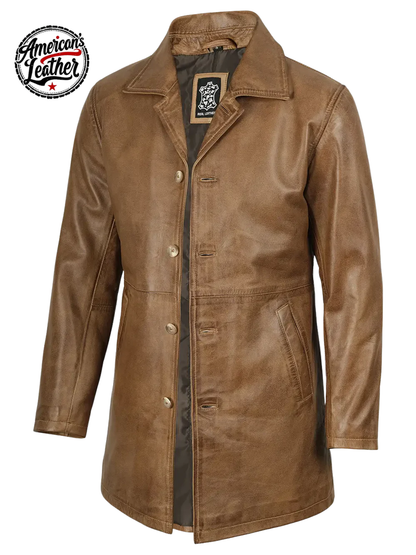 Winchester Men's Camel Brown 3/4 Length Leather Car Coat