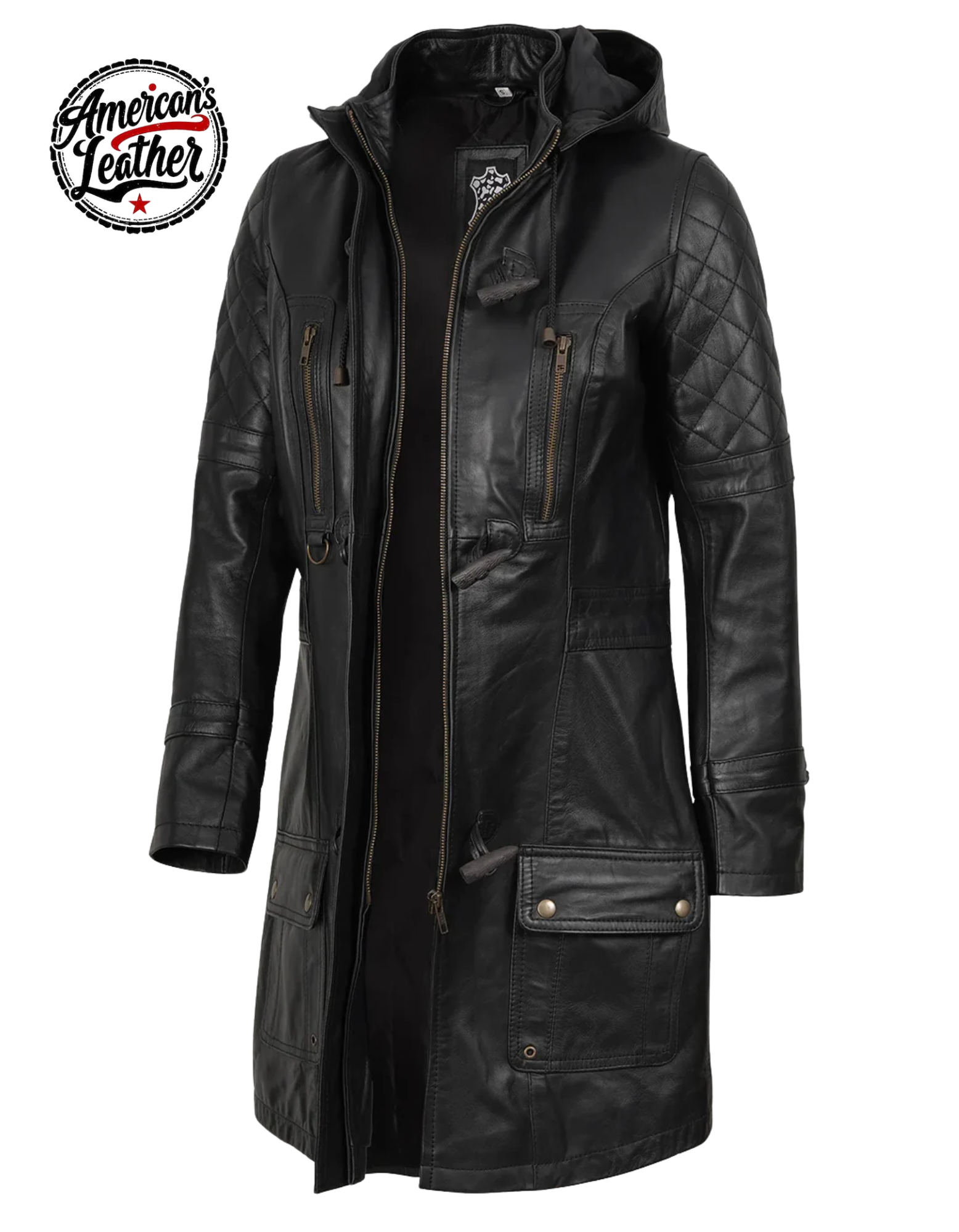 Women’s Black 3/4 Length Leather Coat With Removable Hood