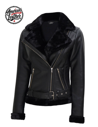 Women's Black Asymmetrical Shearling Leather Jacket