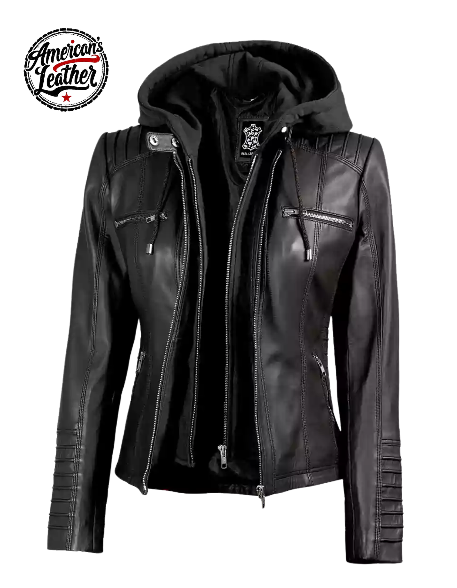 Women's Black Leather Jacket With Removable Hood