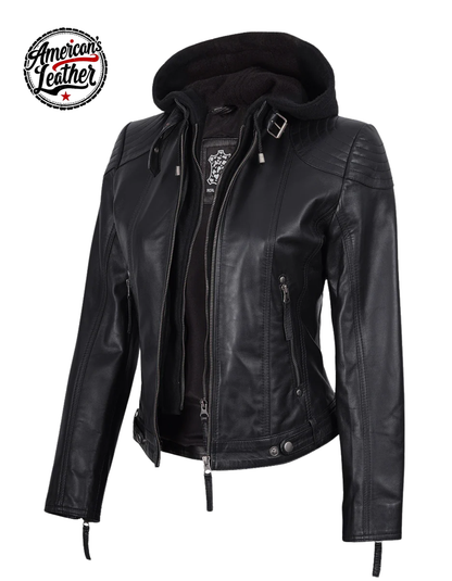Women's Black Leather Jacket With Removable Hood