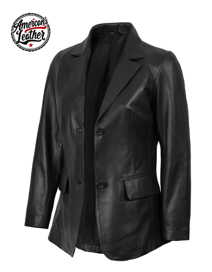 Women's Black Two Button Leather Blazer Jacket