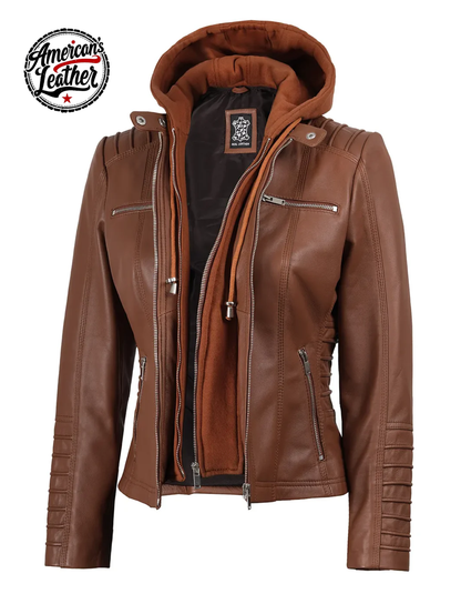 Women's Cognac Brown Leather Jacket With Removable Hood
