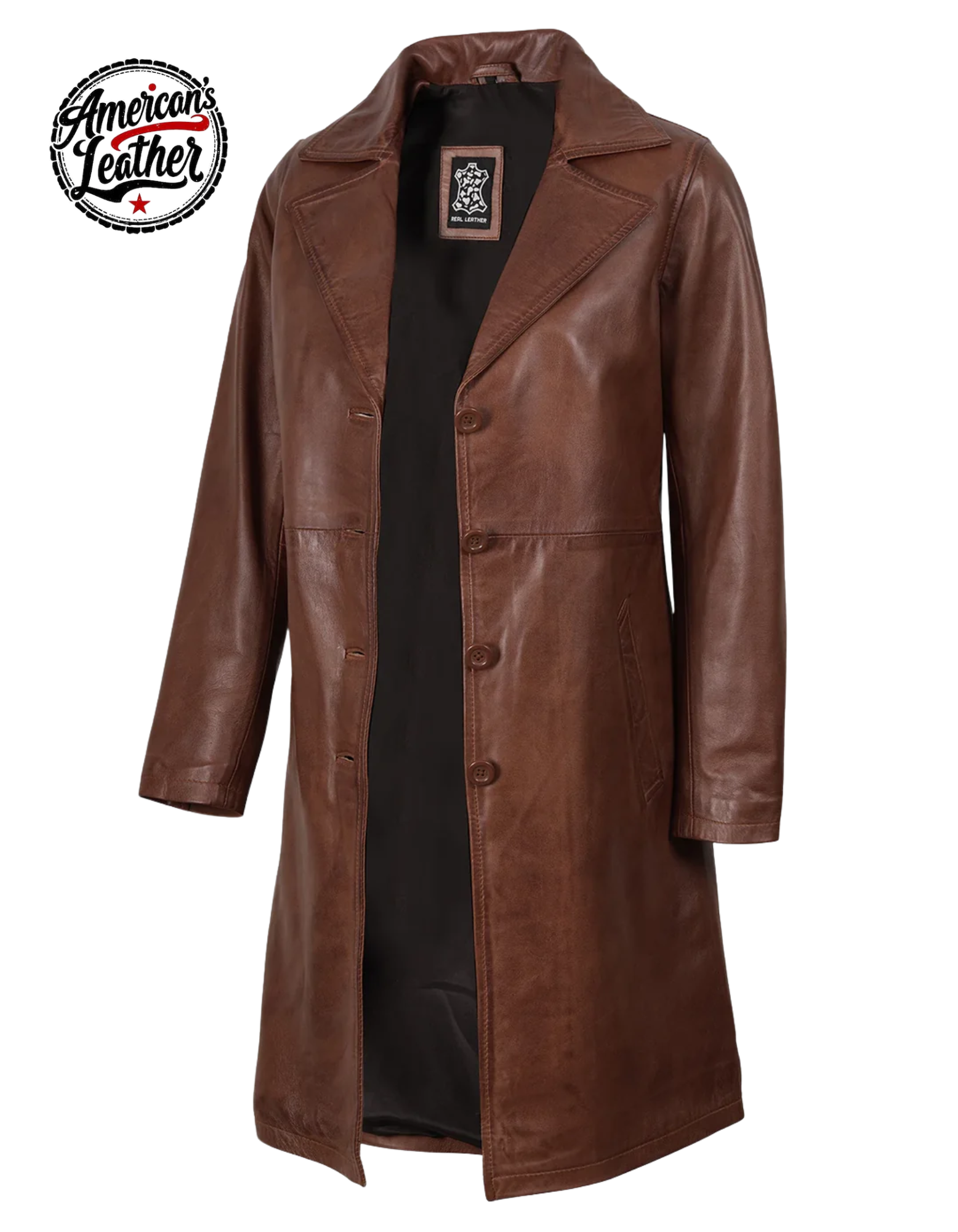 Women's Cognac Brown Real Leather 3/4 Length Coat