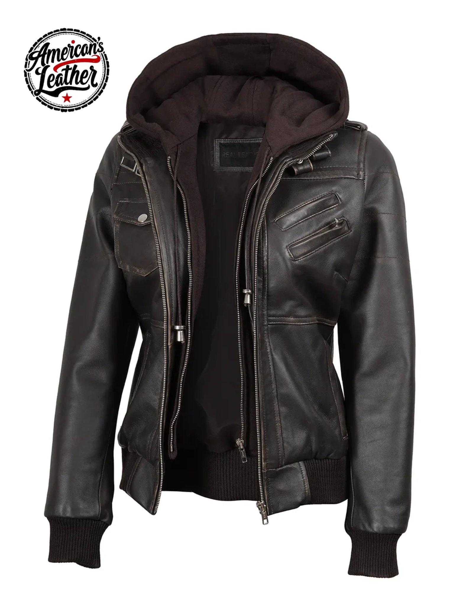 Women's Dark Brown Rub Off Leather Jacket with Removable Hood