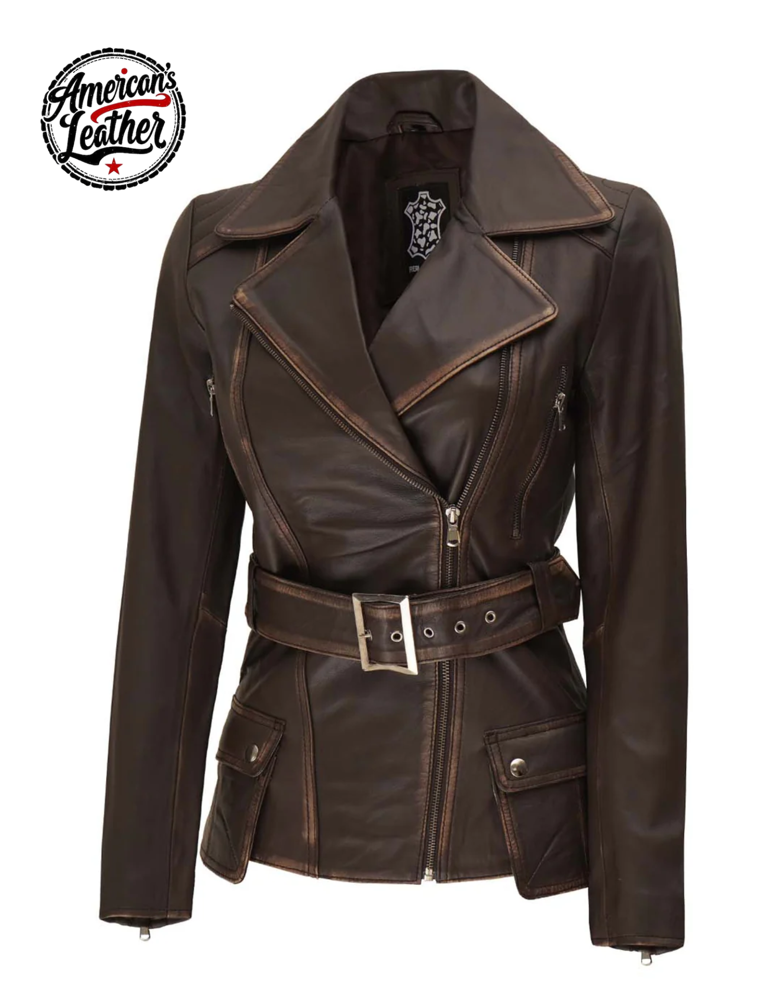 Women's Distressed Brown Asymmetrical Leather Biker Style Jacket