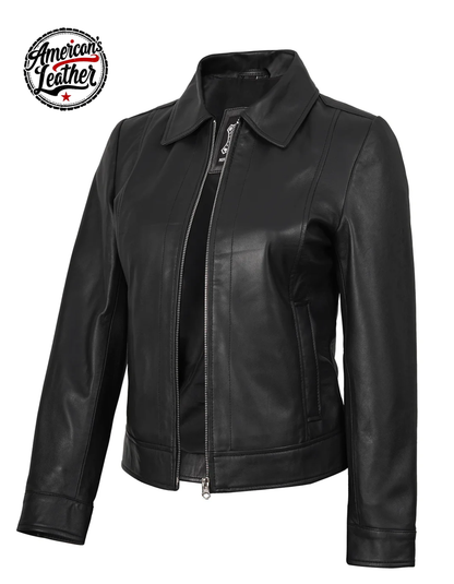 Women's Harrington Style Black Real Leather Jacket