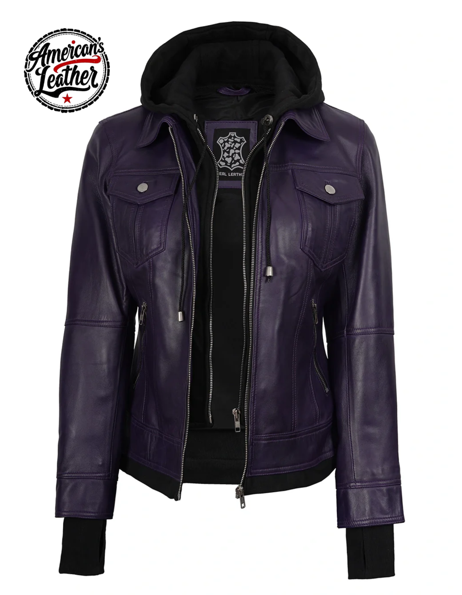 Women's Purple Leather Jacket with Removable Hood