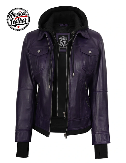 Women's Purple Leather Jacket with Removable Hood