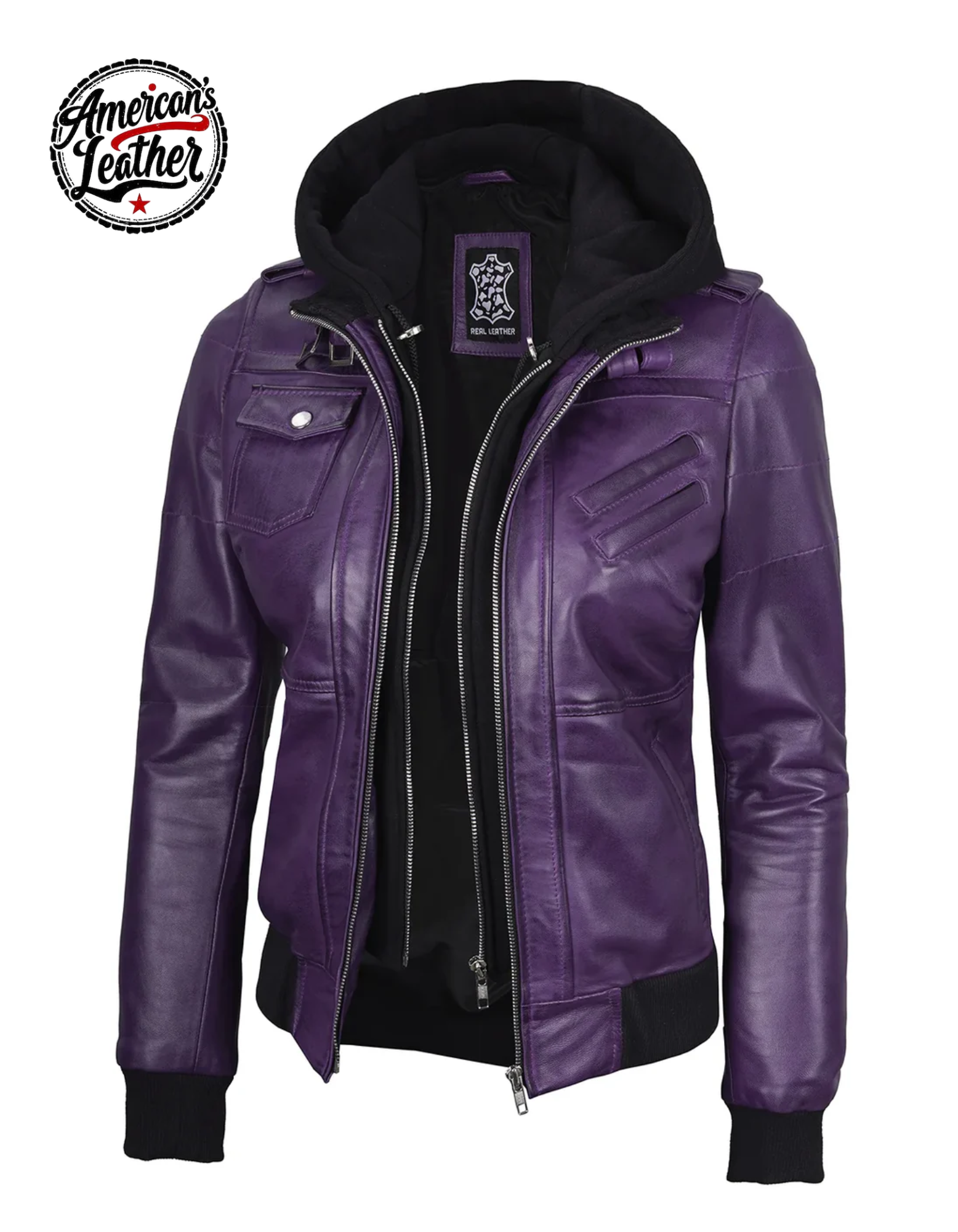Women's Purple Real Leather Jacket with Removable Hood