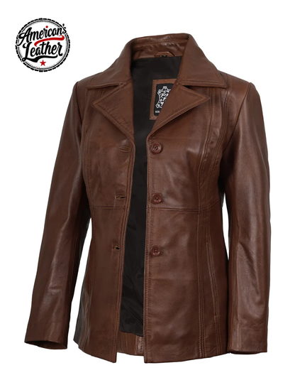 Women's Three Button Cognac Brown Leather Blazer