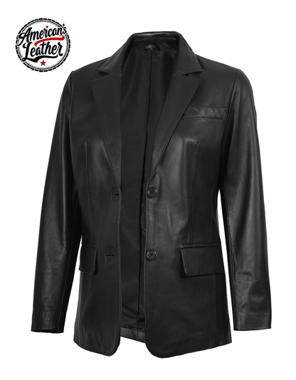Women's Two Button Black Real Leather Blazer
