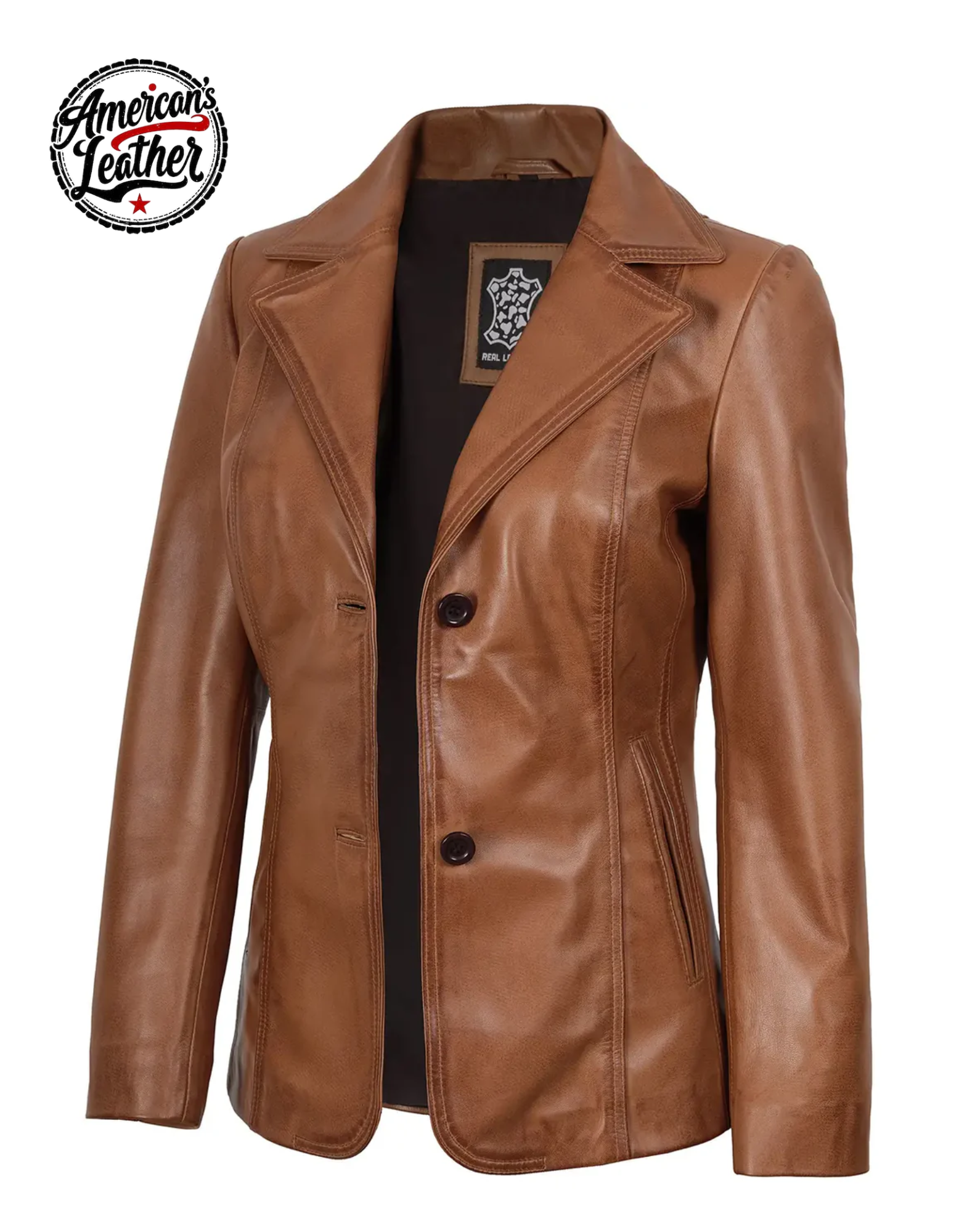 Women's Two Button Tan Brown Leather Blazer Jacket