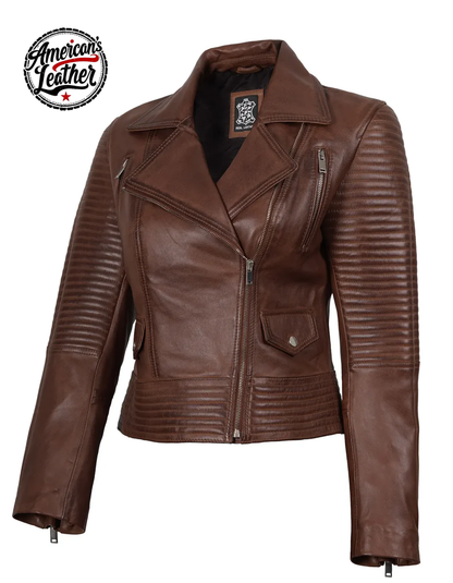 Womens Asymmetrical Cognac Wax Biker Style Leather Jacket
