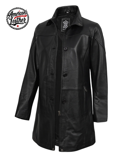 Womens Black 3/4 Length Real Leather Car Coat