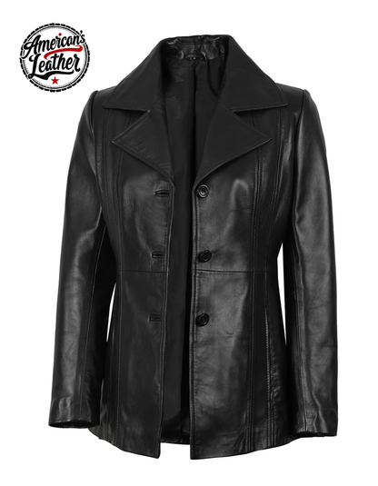 Womens Black Leather Blazer with Three Button
