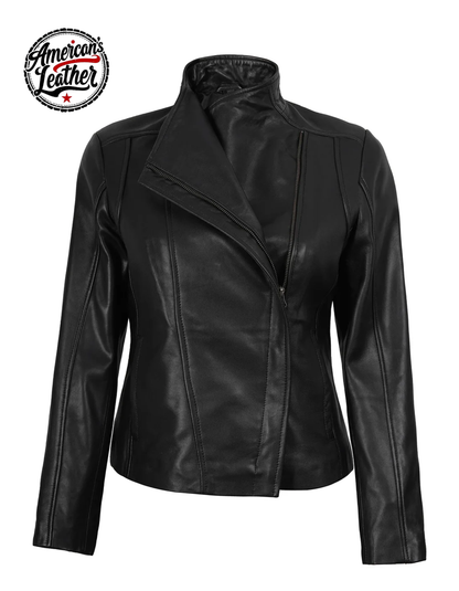 Womens Flap Closure Cafe Racer Black Leather Jacket