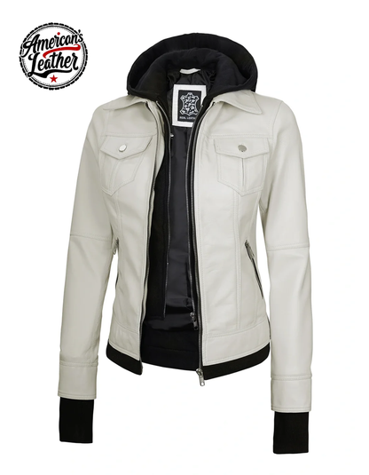 Womens Off White Biker Style Leather Jacket with Hood