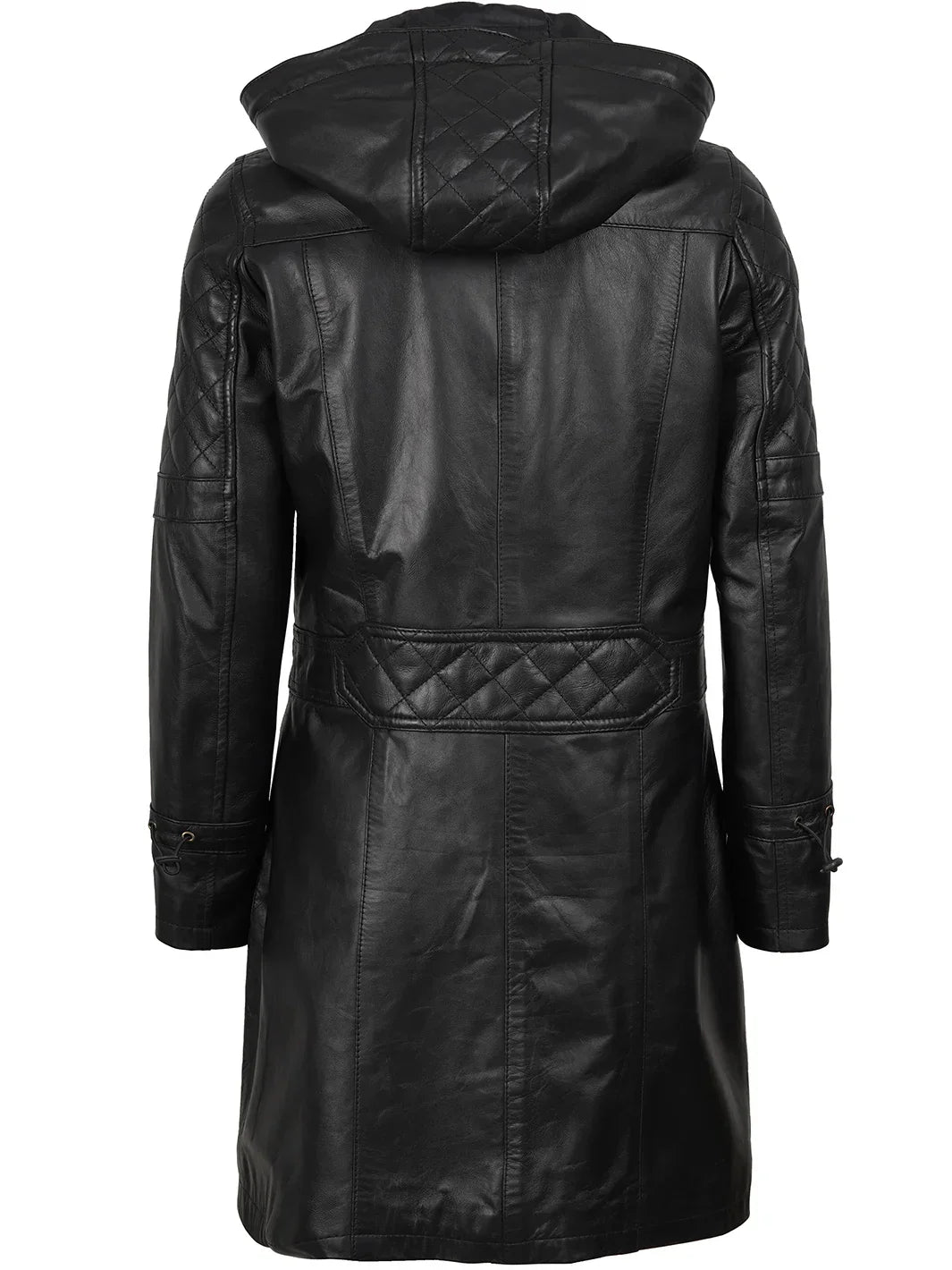 Women’s Black 3/4 Length Leather Coat With Hood