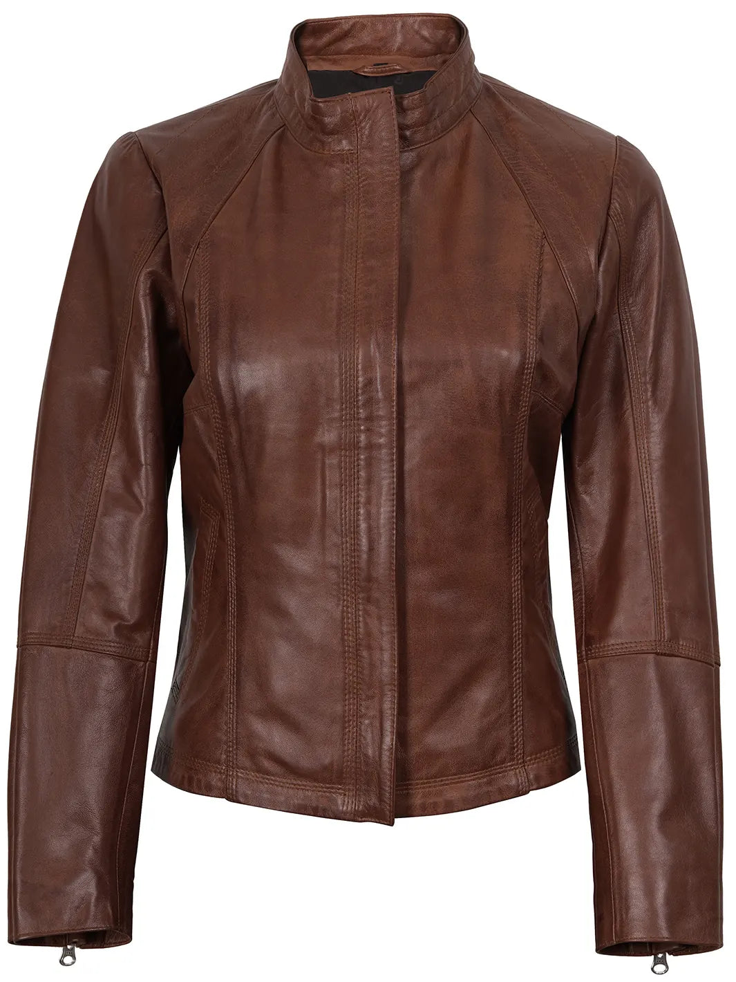 Acerra Womens Cognac Brown Biker Style Real Leather Jacket