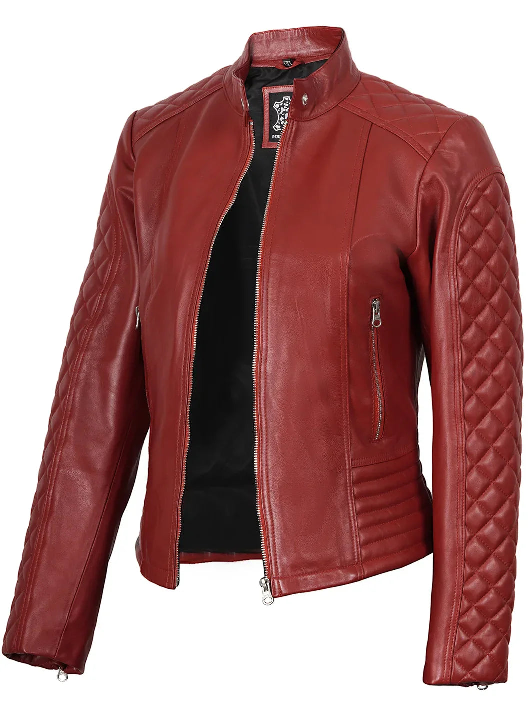 Womens Red Quilted Cafe Racer Leather Jacket