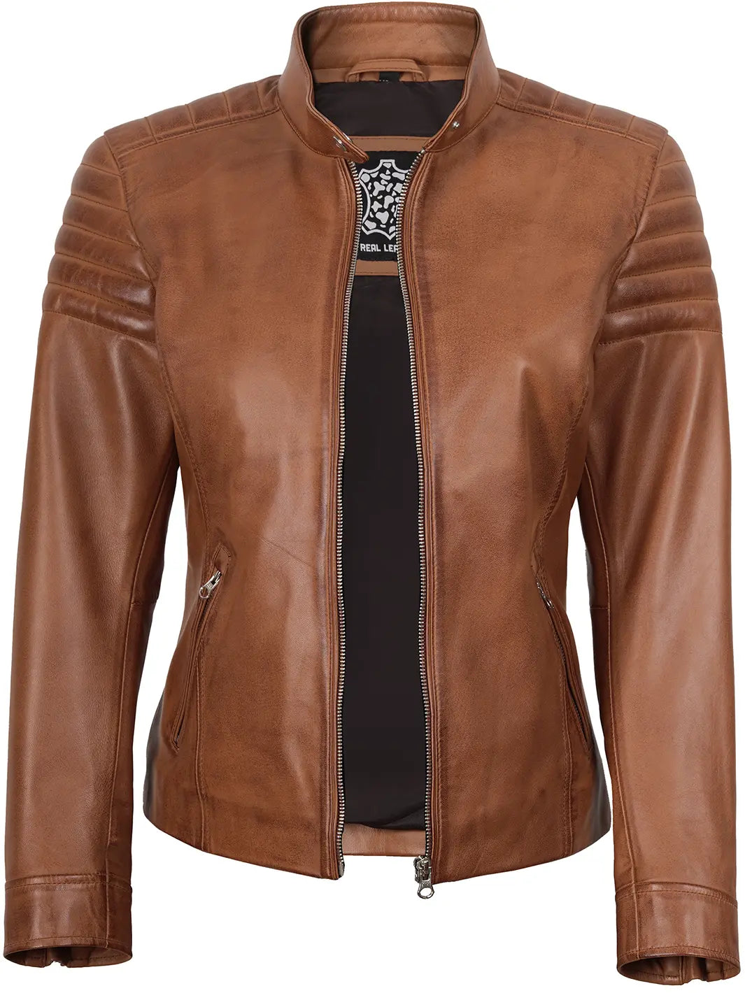 Womens Tan Brown Cafe Racer Style Leather Jacket