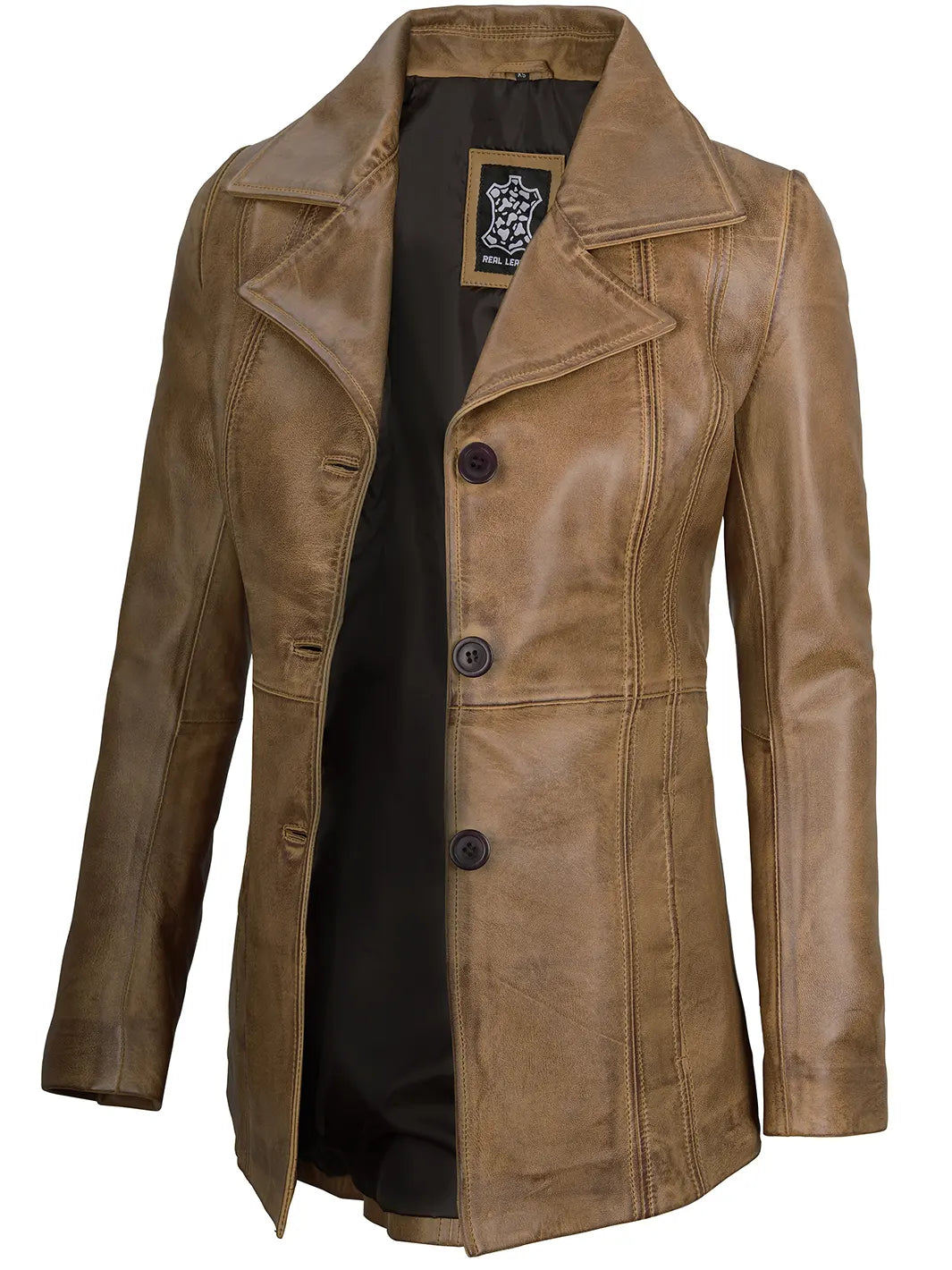Women’s Camel Three Button Lambskin Leather Jacket