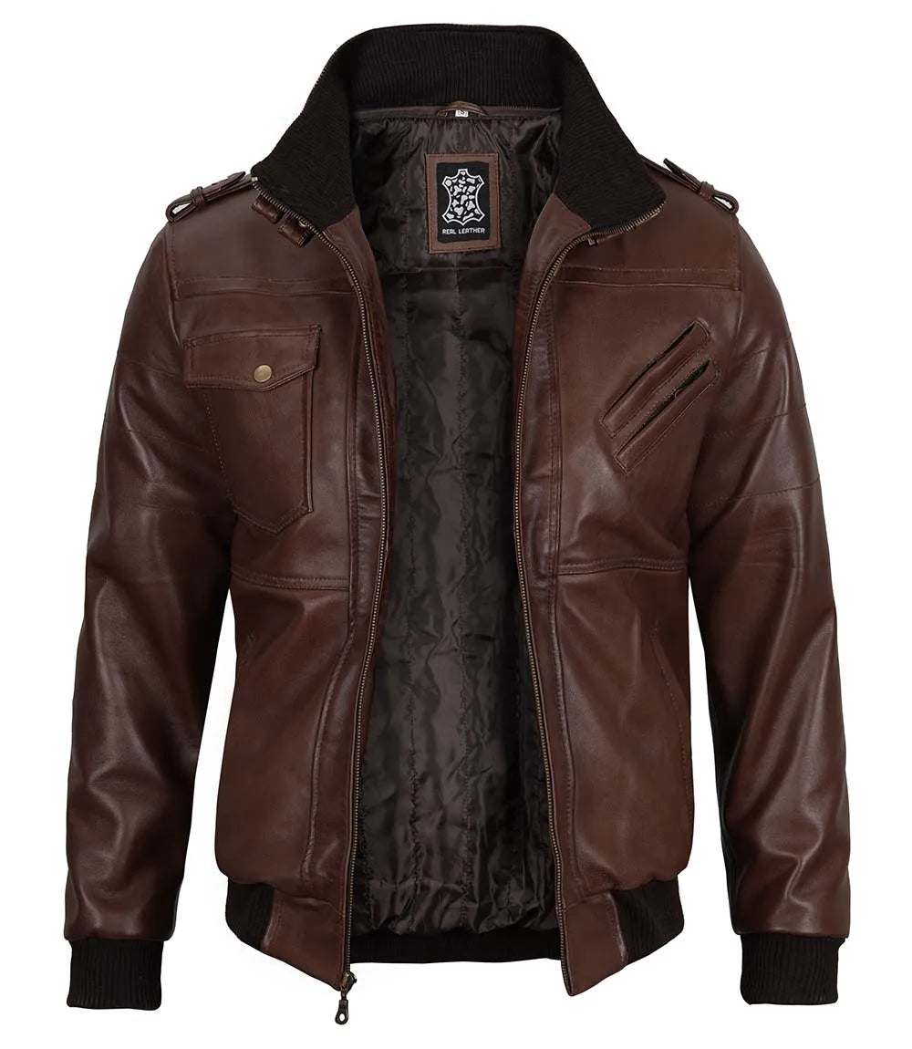 Tall Mens Bomber Dark Brown Removable Hooded Leather Jacket