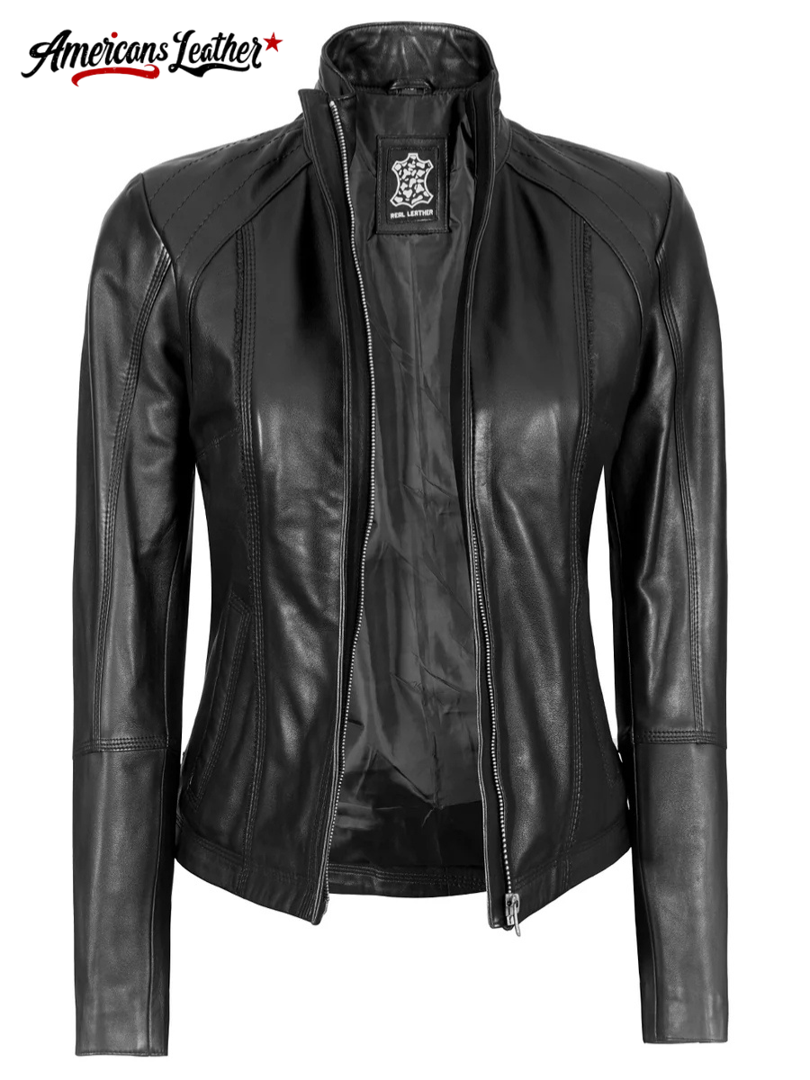 Acerra Women’s Black Leather Cafe Racer Biker Jacket