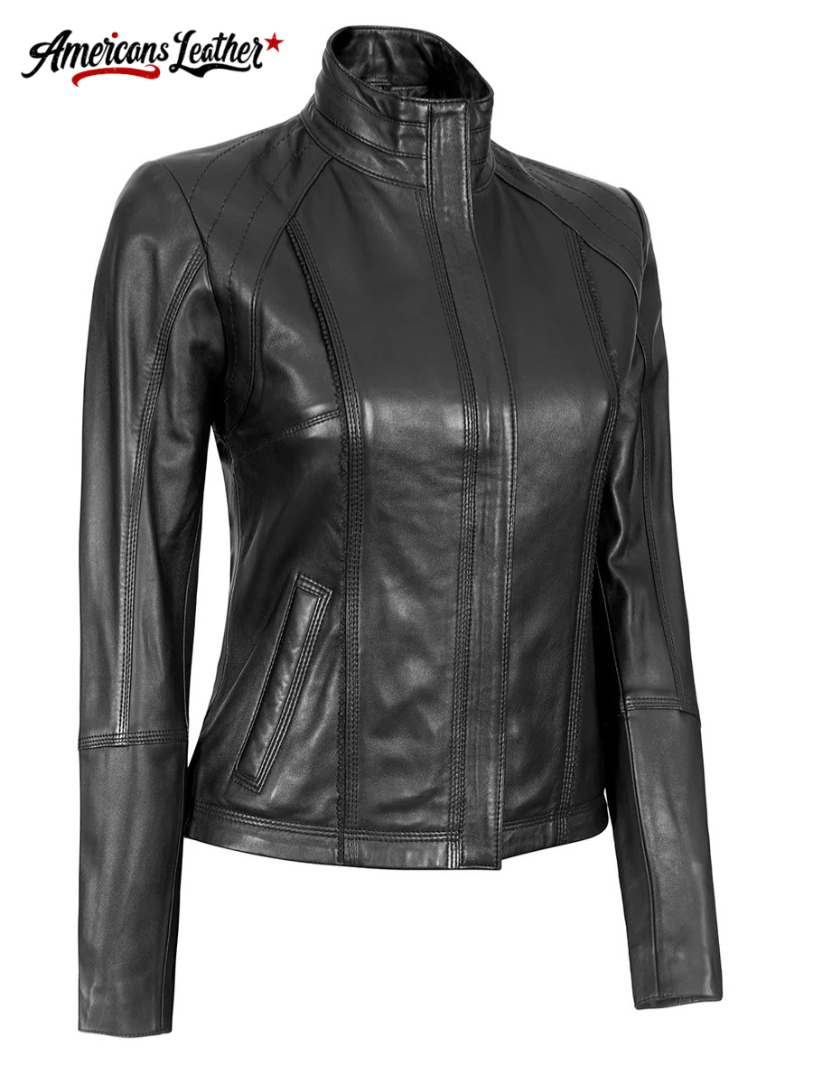 Acerra Women’s Black Leather Cafe Racer Biker Jacket
