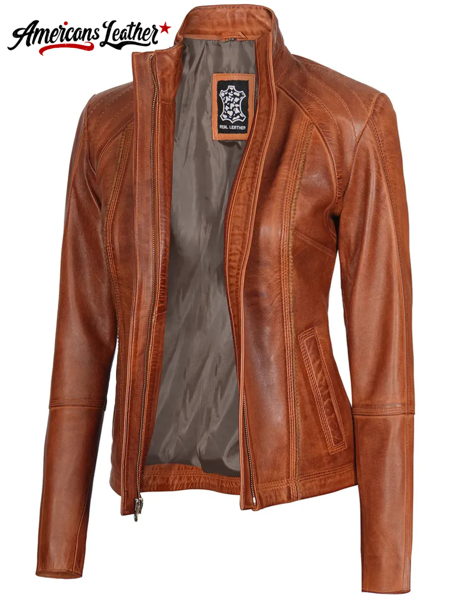 Acerra Womens Cognac Cafe Racer Biker Leather Jacket