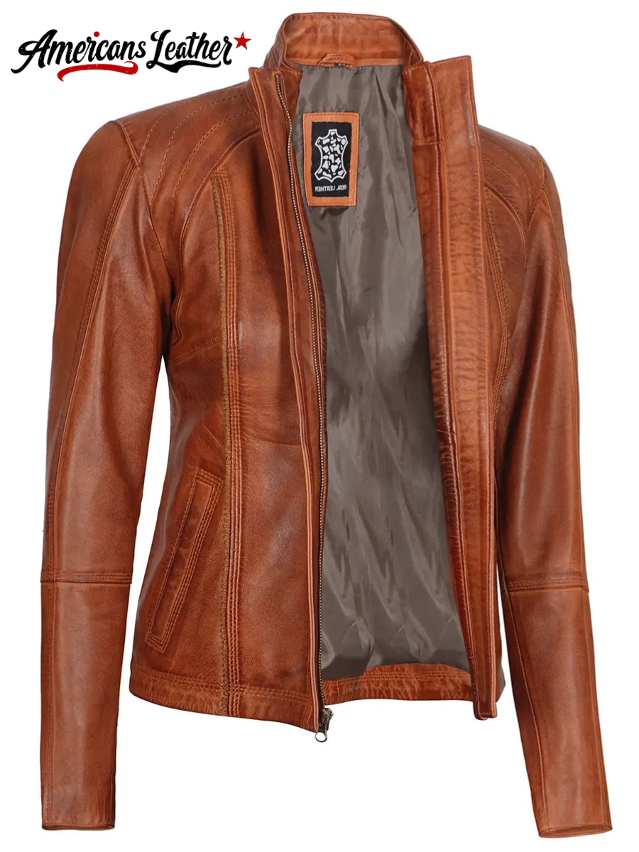 Acerra Womens Cognac Cafe Racer Biker Leather Jacket