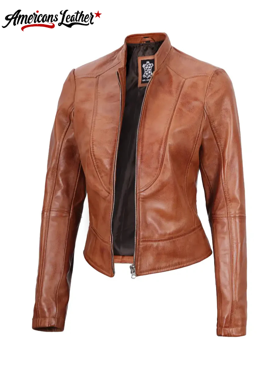 Amy Petite Womens Motocycle Tan Leather Jacket