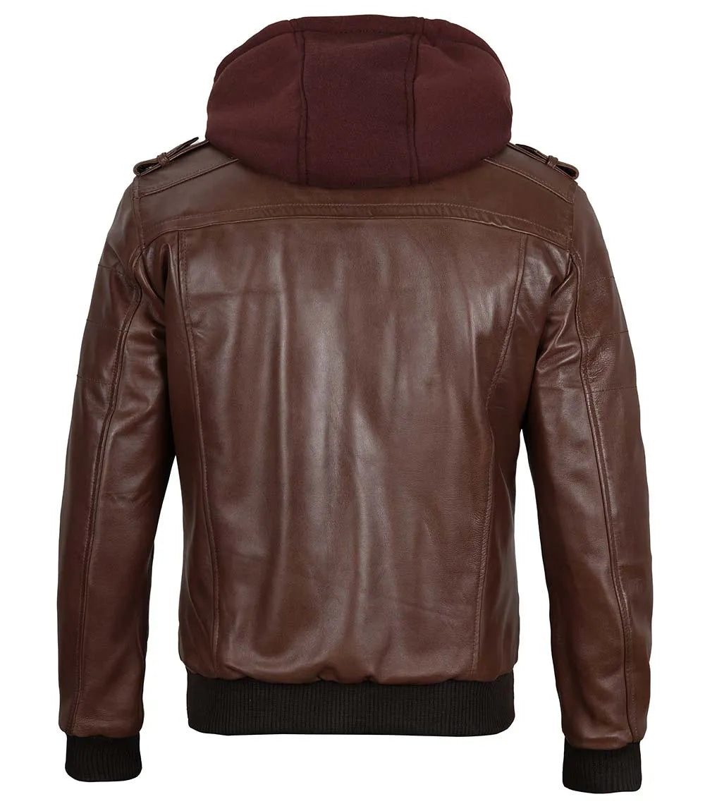 Tall Mens Bomber Dark Brown Removable Hooded Leather Jacket