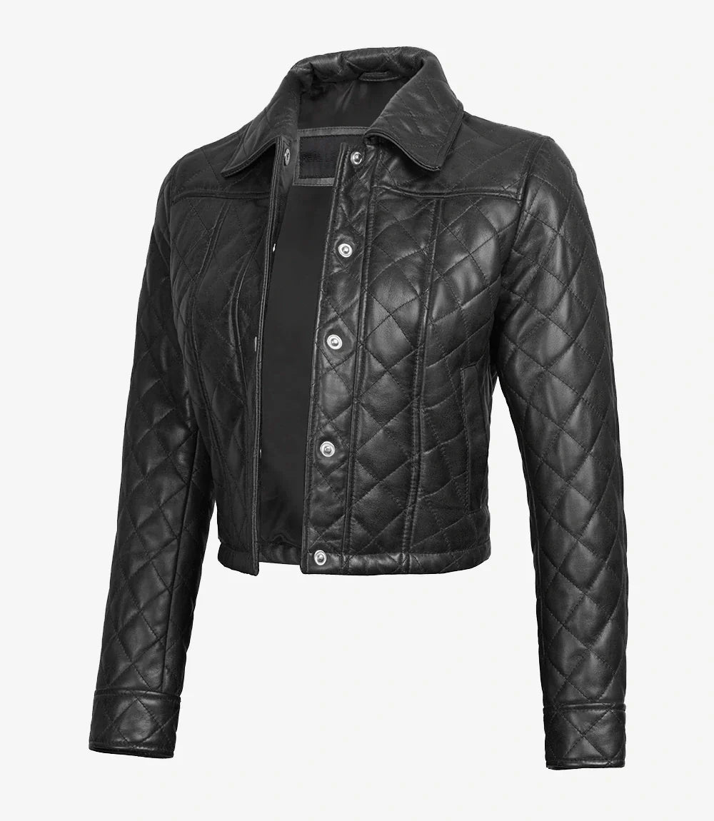 Womens Quilted Black Cropped Leather Jacket