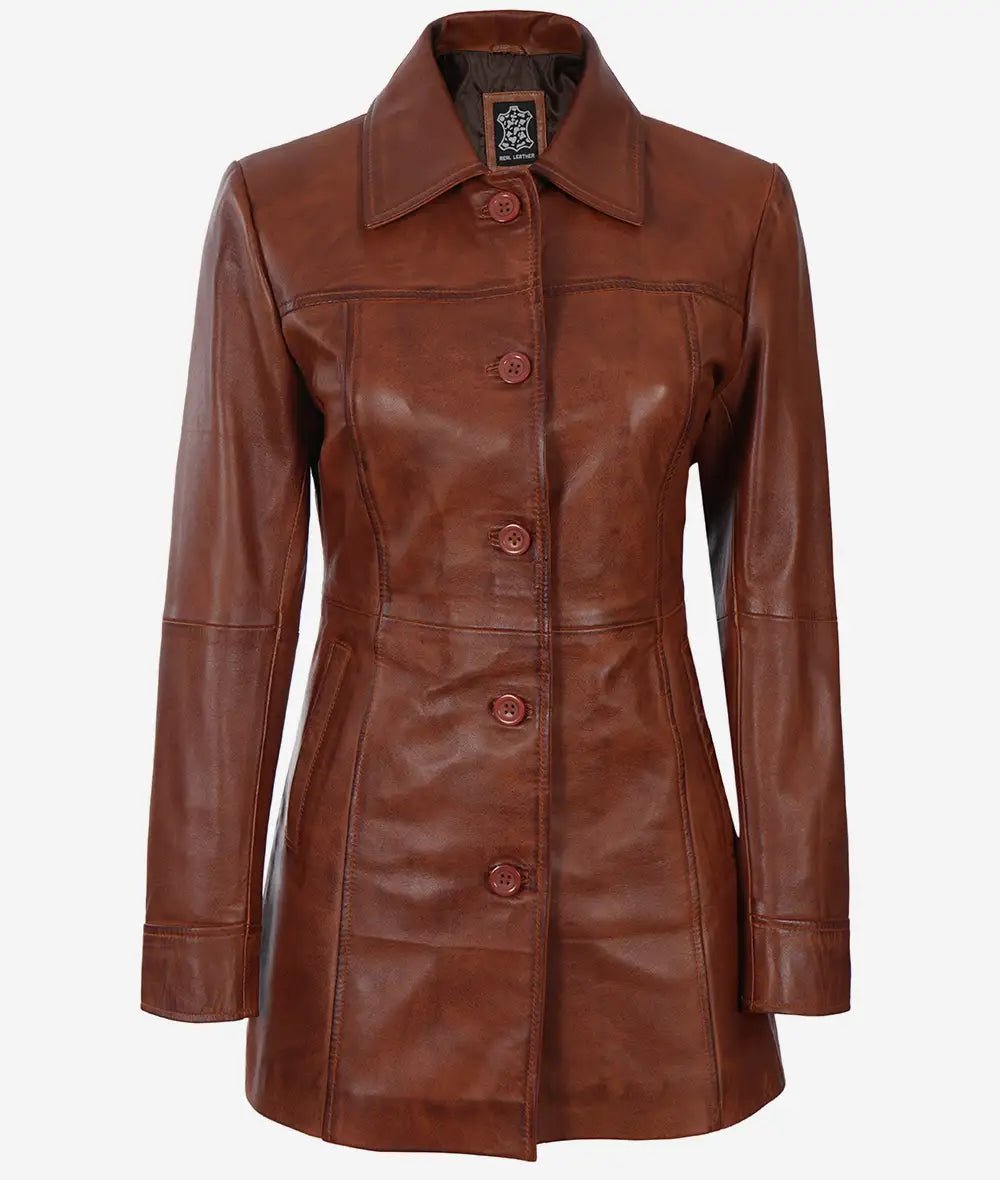 Womens Petite Cognac Brown Leather 3/4 Length Coat